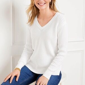 Talbots White Ribbed V-Neck Sweater Small NWT Pima Cotton